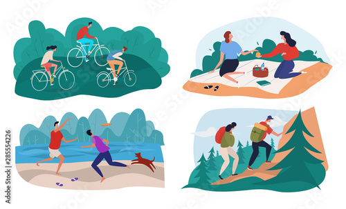 Time together concept. People are riding bicycles on the lawn near the park or wood, have picnic, playing frisbee with the dog, are hiking in mountains, carrying heavy bag packs. Vector Illustration.