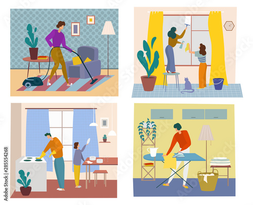 Time together concept. People vacuums the carpet and cleans the house, cleaning and polishing windows, kitchen, plates, Woman is ironing cloth. Household chores at home. Vector Illustration.