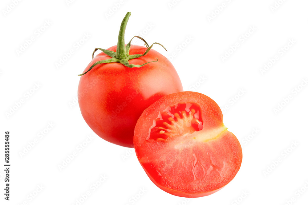 Whole and cut tomato isolated on white background, full depth of field, no shadow, poison for design Whole and cut tomato isolated on white background, full depth of field, no shadow, poison for design