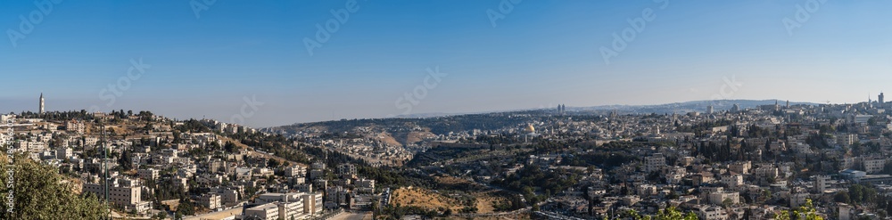 Aerial panorama of Jerusalem from Mount Scopus with view of the Dome Of the Rock and the Old City