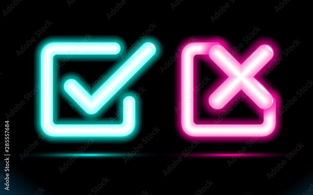 Neon set blue lamp checkmark with pink crosshair icons in a square. Tick, cross symbols. Modern ui. Fluorescent design for dark, black banner, background. Vector luminescent illumination illustration Neon set blue lamp checkmark with pink crosshair icons in a square. Tick, cross symbols. Modern ui. Fluorescent design for dark, black banner, background. Vector luminescent illumination illustration