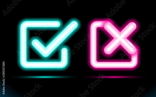 Neon set blue lamp checkmark with pink crosshair icons in a square. Tick, cross symbols. Modern ui. Fluorescent design for dark, black banner, background. Vector luminescent illumination illustration