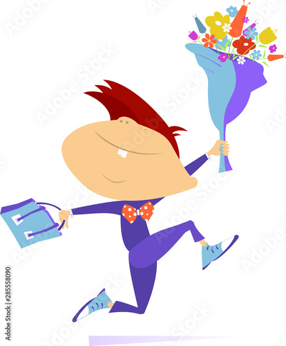 Running boy with a bouquet of flowers and a school bag cartoon illustration. Smiling teenager holds a big bouquet of flowers and a bag hurries to school or a university isolated on white illustration