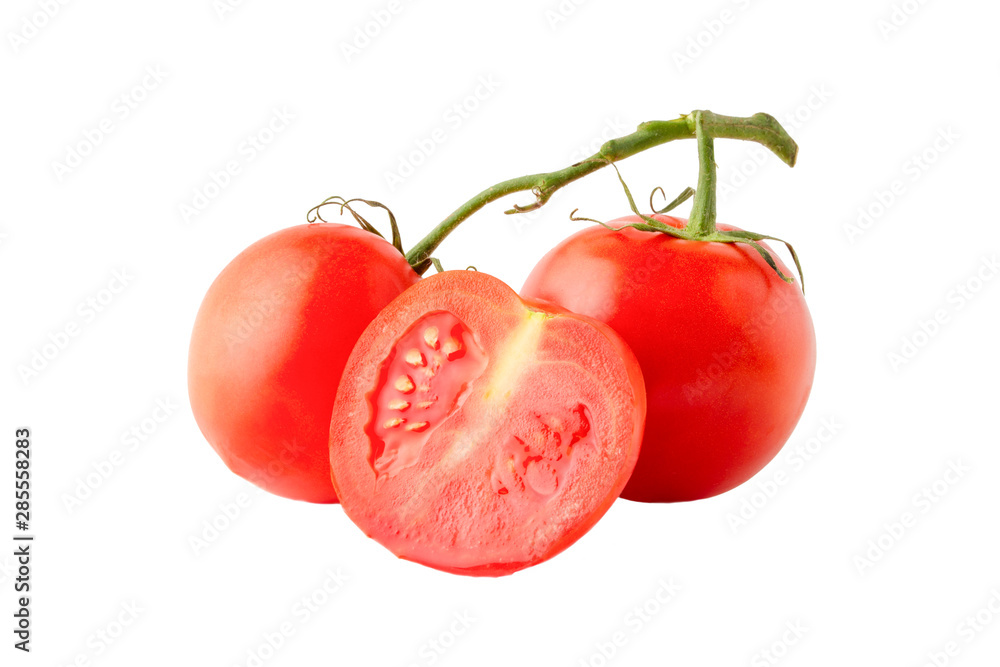 branch of tomatoes and one cutaway isolated on a white background, full depth of field, no shadow, poison for design branch of tomatoes and one cutaway isolated on a white background, full depth of field, no shadow, poison for design