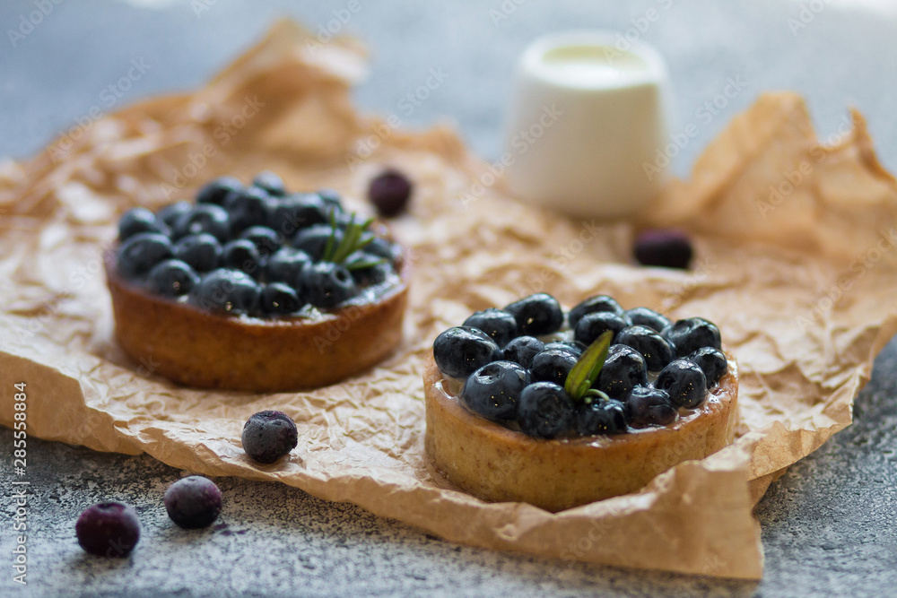 Delicious blueberry tartlets with vanilla custard cream on gray background. Front view. Delicious blueberry tartlets with vanilla custard cream on gray background. Front view.