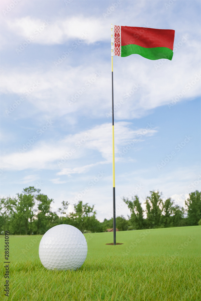 Obraz premium Belarus flag on golf course putting green with a ball near the hole