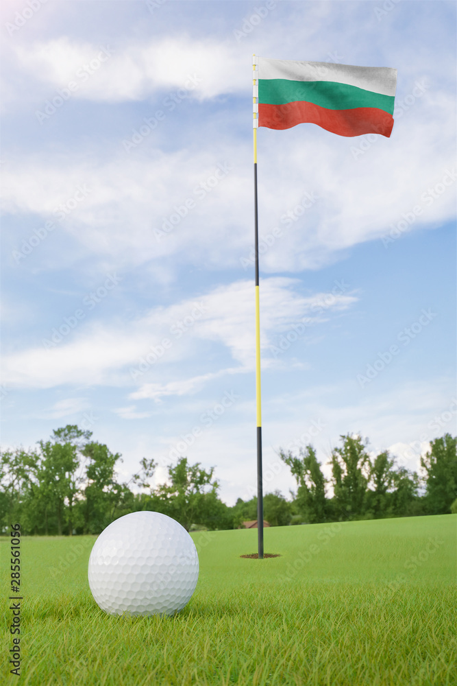 Obraz premium Bulgaria flag on golf course putting green with a ball near the hole