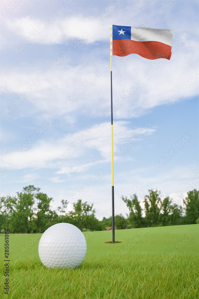 Obraz premium Chile flag on golf course putting green with a ball near the hole