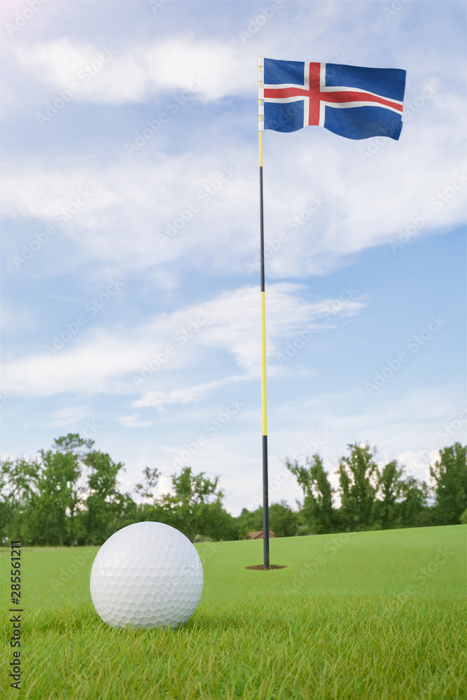Obraz premium Iceland flag on golf course putting green with a ball near the hole