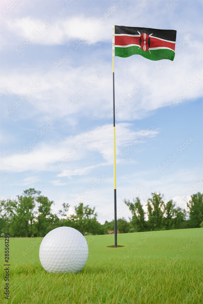 Obraz premium Kenya flag on golf course putting green with a ball near the hole