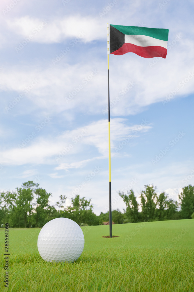 Obraz premium Kuwait flag on golf course putting green with a ball near the hole
