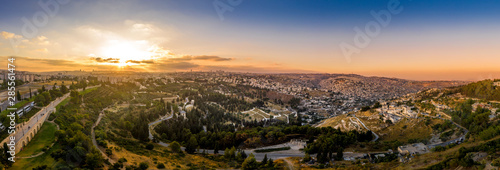 Aerial sunset view of Jerusalem  with the old city and the western parts, Silwan, Rehavia, Abu Tor and talpiyot