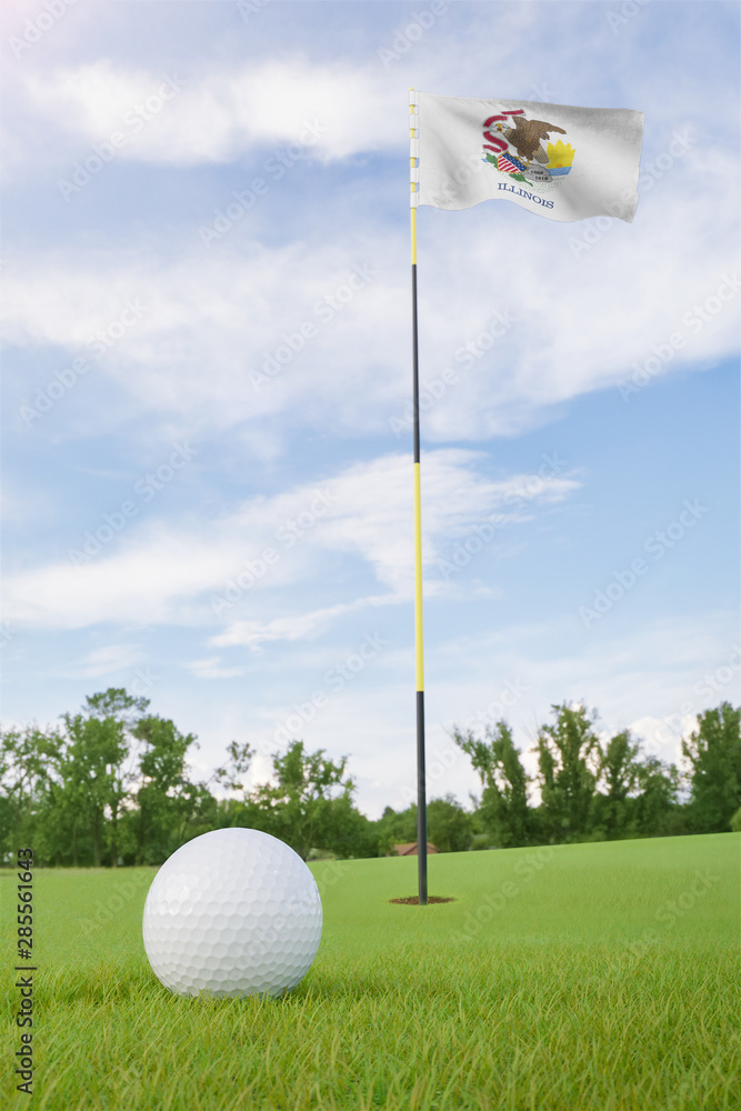 Obraz premium Illinois flag on golf course putting green with a ball near the hole