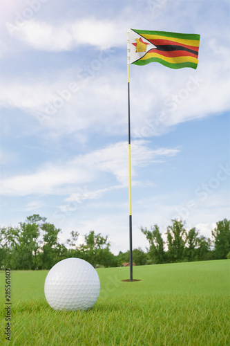 Zimbabwe flag on golf course putting green with a ball near the hole