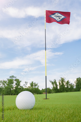 Arkansas flag on golf course putting green with a ball near the hole