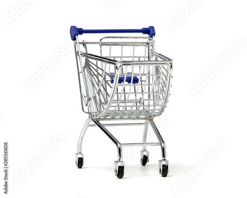 Blue shopping cart model on white background 