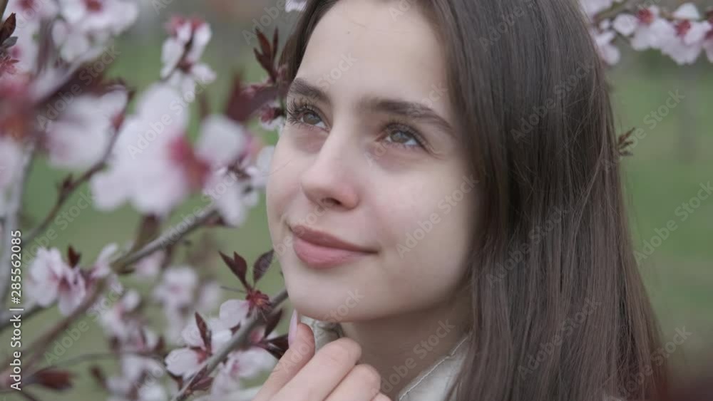 Girl with sakura. A charming girl looks at a blossoming tree. Girl with sakura. A charming girl looks at a blossoming tree.
