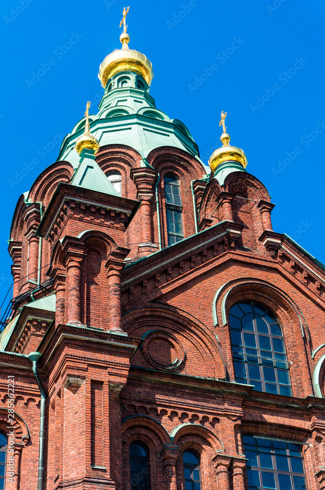 Uspenski Cathedral in Helsinki, Finland. Sunny day with clear blue sky
