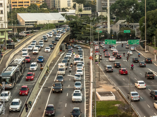 Sao Paulo, Brazil, July 19, 2019. Intense traffic on the avenues 23 de Maio and 9 de Julho near the entrance of the Anhangabau tunnel in downtown Sao Paulo