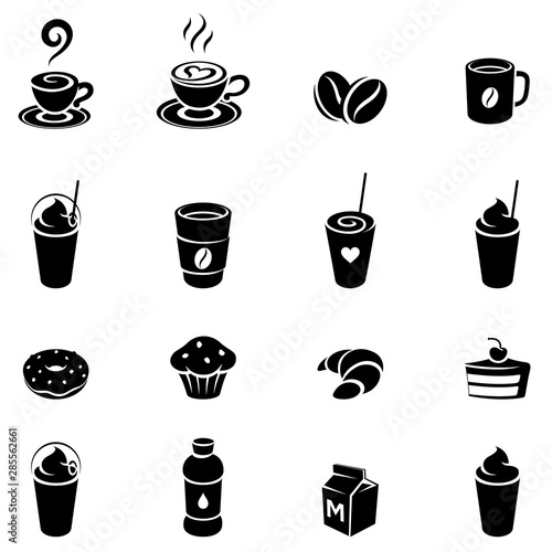 Black Coffee and Breakfast Icons on a White Background Vector Illustration