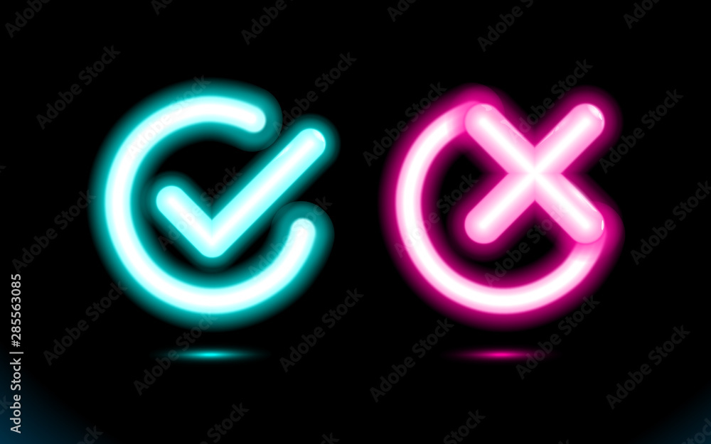 Neon set blue lamp checkmark with pink crosshair icons in a circle. Tick, cross symbols. Modern ui. Fluorescent design for dark, black banner, background. Vector luminescent illumination illustration Neon set blue lamp checkmark with pink crosshair icons in a circle. Tick, cross symbols. Modern ui. Fluorescent design for dark, black banner, background. Vector luminescent illumination illustration