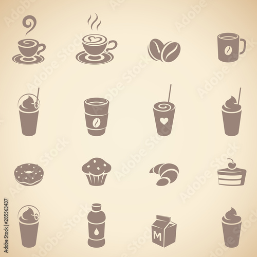 Brown Coffee and Breakfast Icons on a Beige Background Vector Illustration