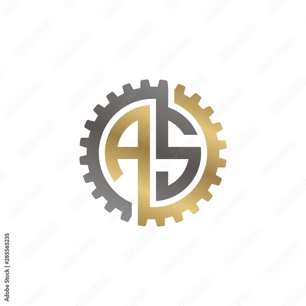 Initial letter A and S, AS, interlock cogwheel gear monogram logo, black gold on white background Initial letter A and S, AS, interlock cogwheel gear monogram logo, black gold on white background