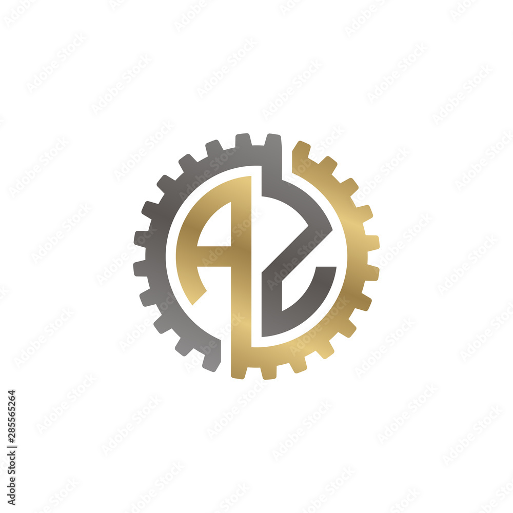 Initial letter A and Z, AZ, interlock cogwheel gear monogram logo, black gold on white background Initial letter A and Z, AZ, interlock cogwheel gear monogram logo, black gold on white background