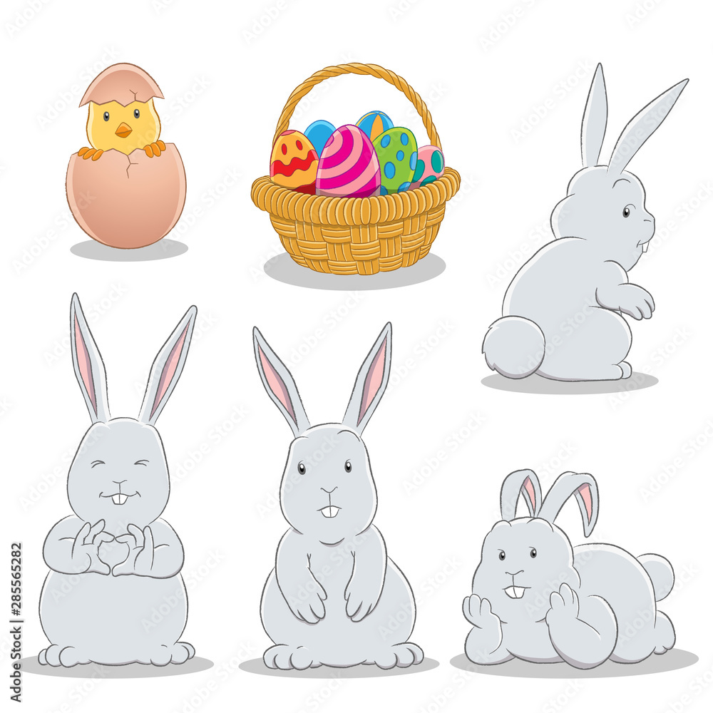 Obraz premium Easter Bunnies Eggs Basket and a Chick on a White Background Vector Illustration