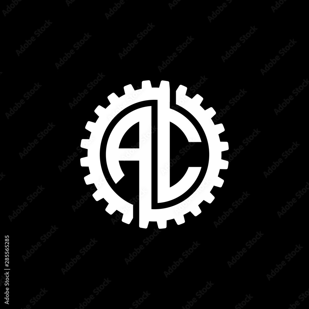 Initial letter A and C, AC, interlock cogwheel gear monogram logo, white color on black background Initial letter A and C, AC, interlock cogwheel gear monogram logo, white color on black background