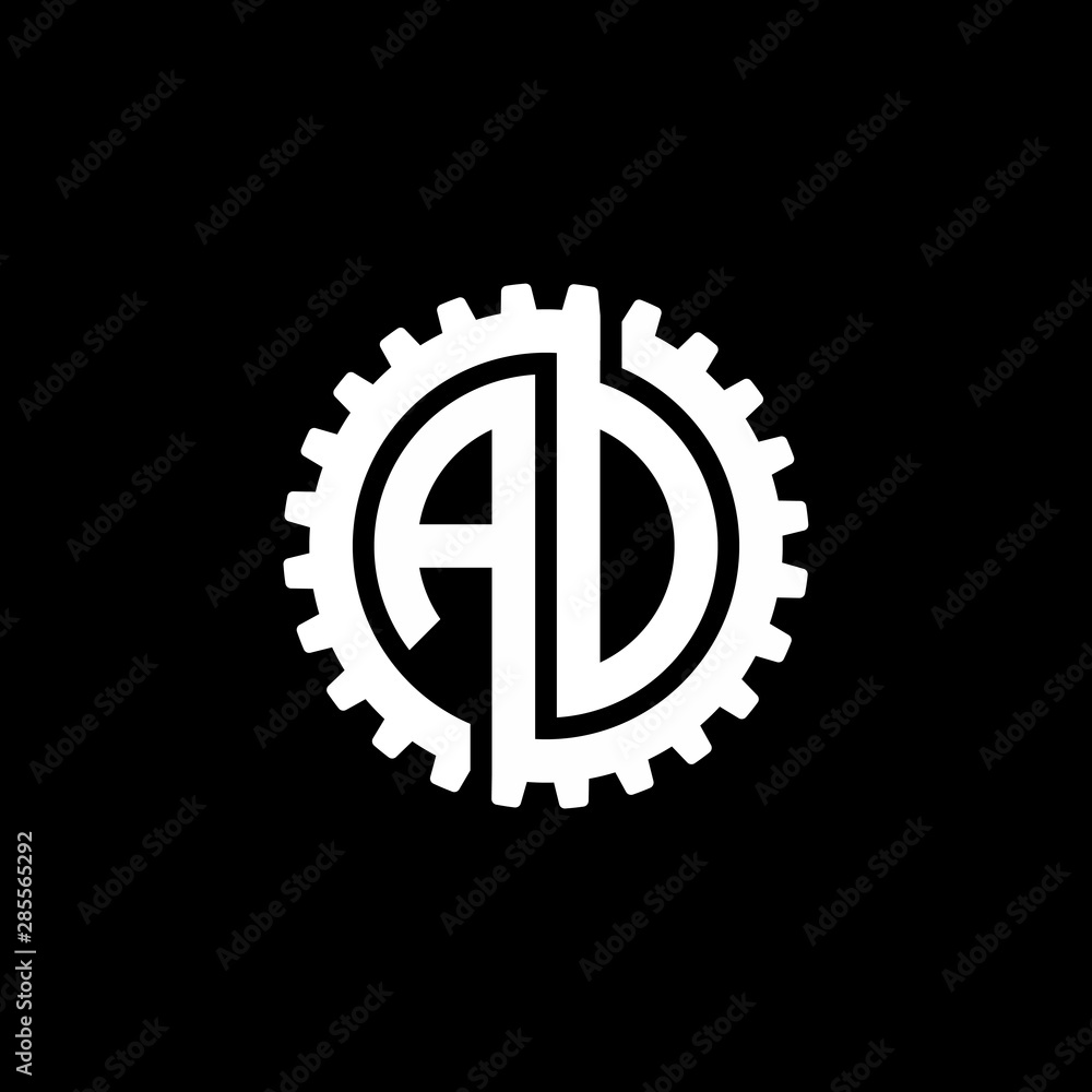 Initial letter A and D, A and O, AD, AO, interlock cogwheel gear monogram logo, white color on black background Initial letter A and D, A and O, AD, AO, interlock cogwheel gear monogram logo, white color on black background