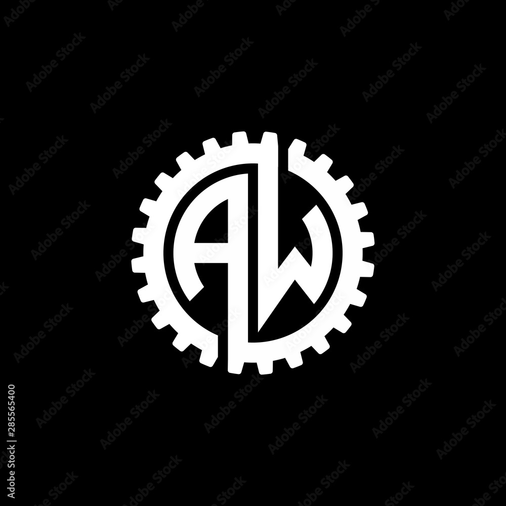 Fototapeta premium Initial letter A and W, AW, interlock cogwheel gear monogram logo, white color on black background