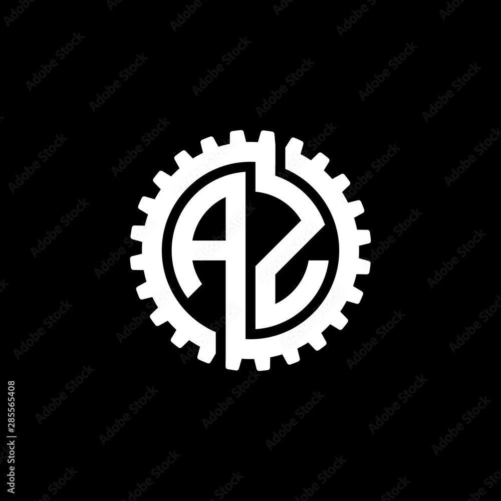 Initial letter A and Z, AZ, interlock cogwheel gear monogram logo, white color on black background Initial letter A and Z, AZ, interlock cogwheel gear monogram logo, white color on black background