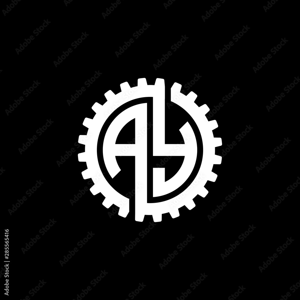 Initial letter A and Y, AY, interlock cogwheel gear monogram logo, white color on black background Initial letter A and Y, AY, interlock cogwheel gear monogram logo, white color on black background
