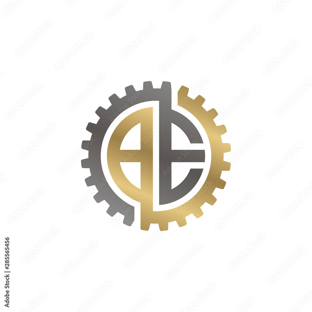 Initial letter B and E, BE, interlock cogwheel gear monogram logo, black gold on white background Initial letter B and E, BE, interlock cogwheel gear monogram logo, black gold on white background
