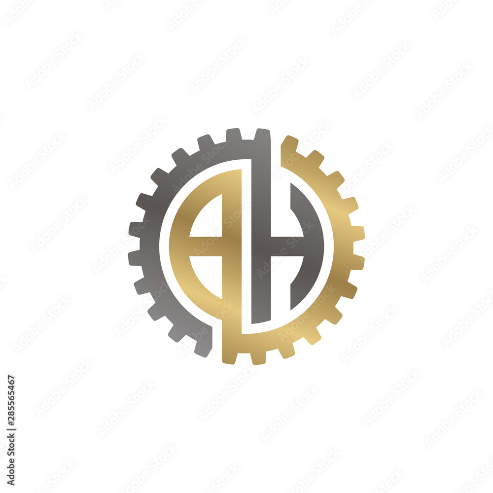 Initial letter B and H, BH, interlock cogwheel gear monogram logo, black gold on white background Initial letter B and H, BH, interlock cogwheel gear monogram logo, black gold on white background