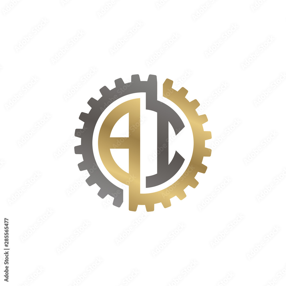 Initial letter B and I, BI, interlock cogwheel gear monogram logo, black gold on white background Initial letter B and I, BI, interlock cogwheel gear monogram logo, black gold on white background