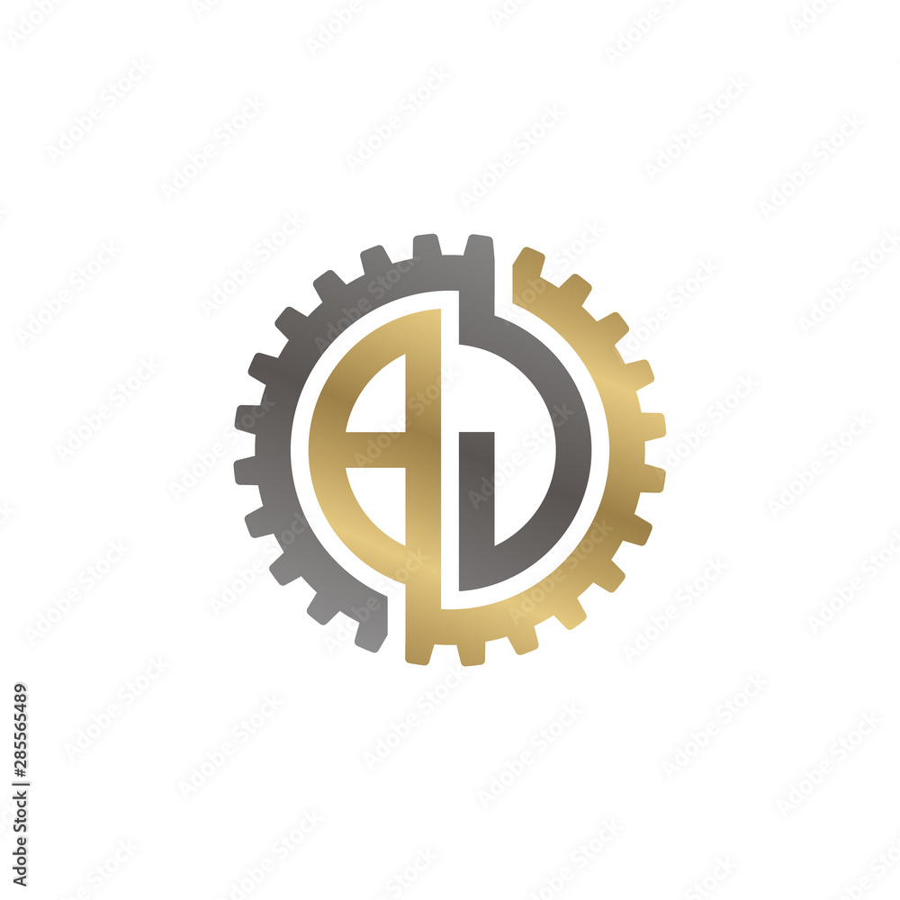 Initial letter B and J, BJ, interlock cogwheel gear monogram logo, black gold on white background Initial letter B and J, BJ, interlock cogwheel gear monogram logo, black gold on white background
