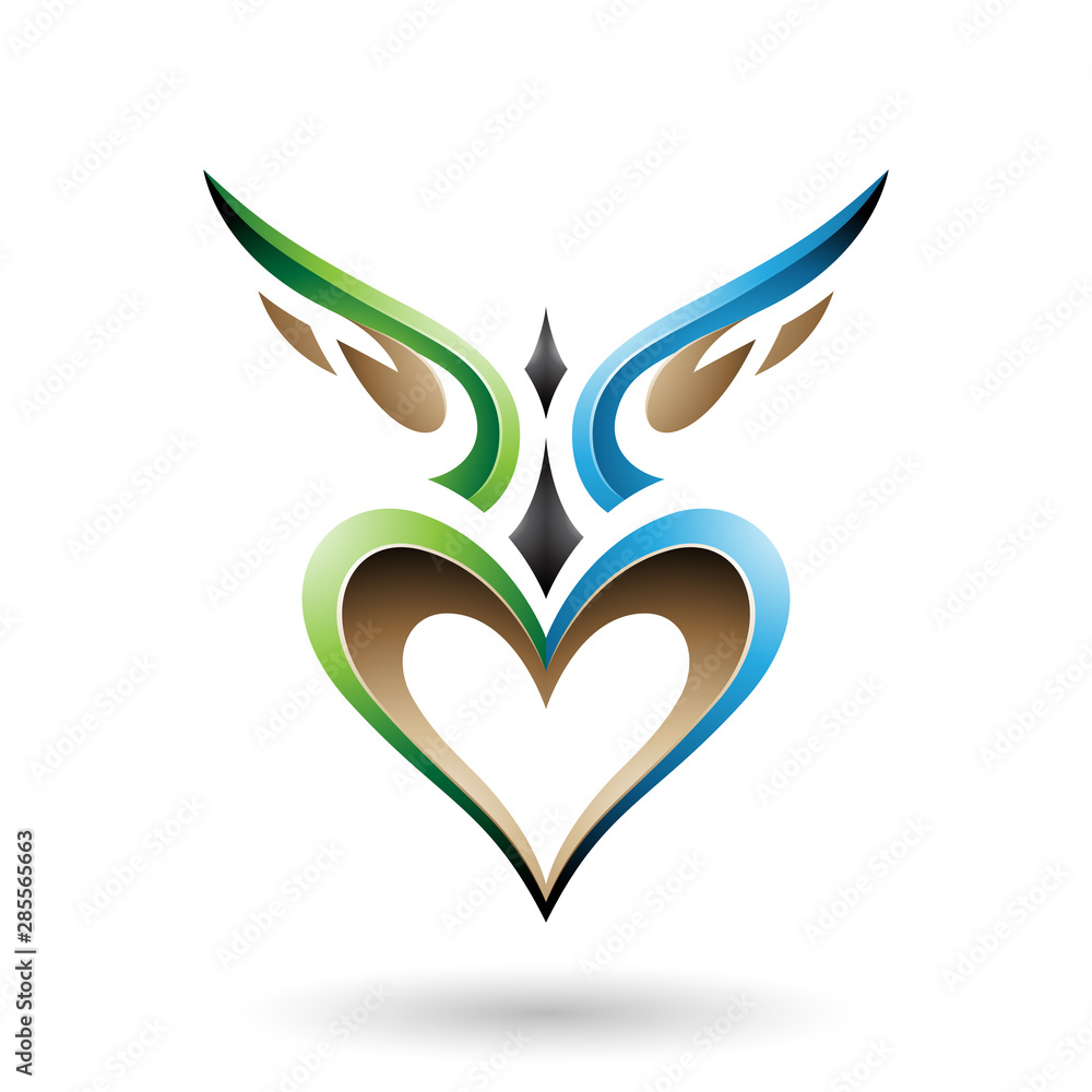 Green and Blue Bird Like Winged Heart with a Shadow Vector Illustration