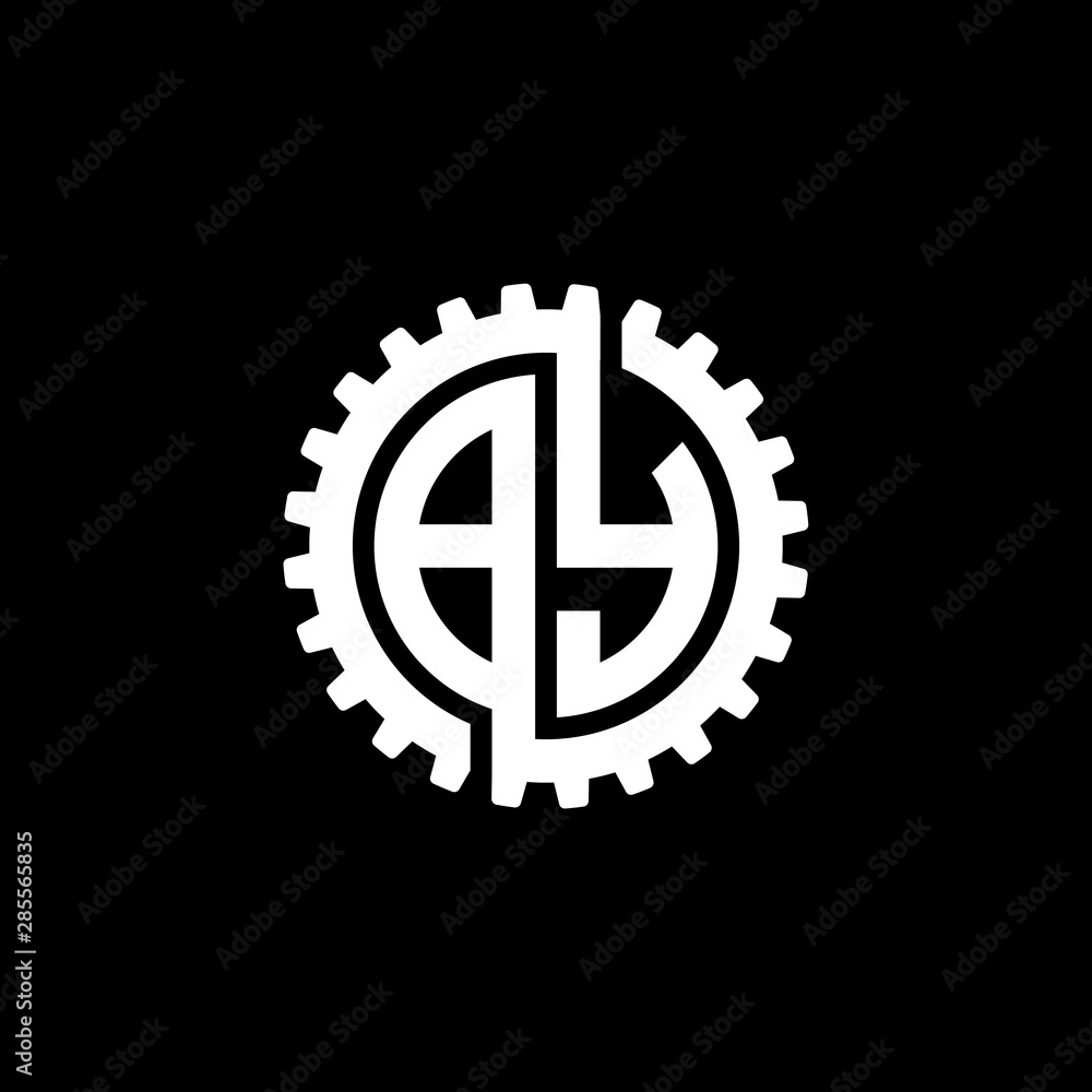 Initial letter B and Y, BY, interlock cogwheel gear monogram logo, white color on black background Initial letter B and Y, BY, interlock cogwheel gear monogram logo, white color on black background