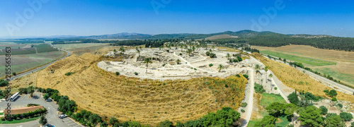 Aerial panorama of ancient city of Tel Megiddo archaeological park  site of the biblical Armageddon in Israel  