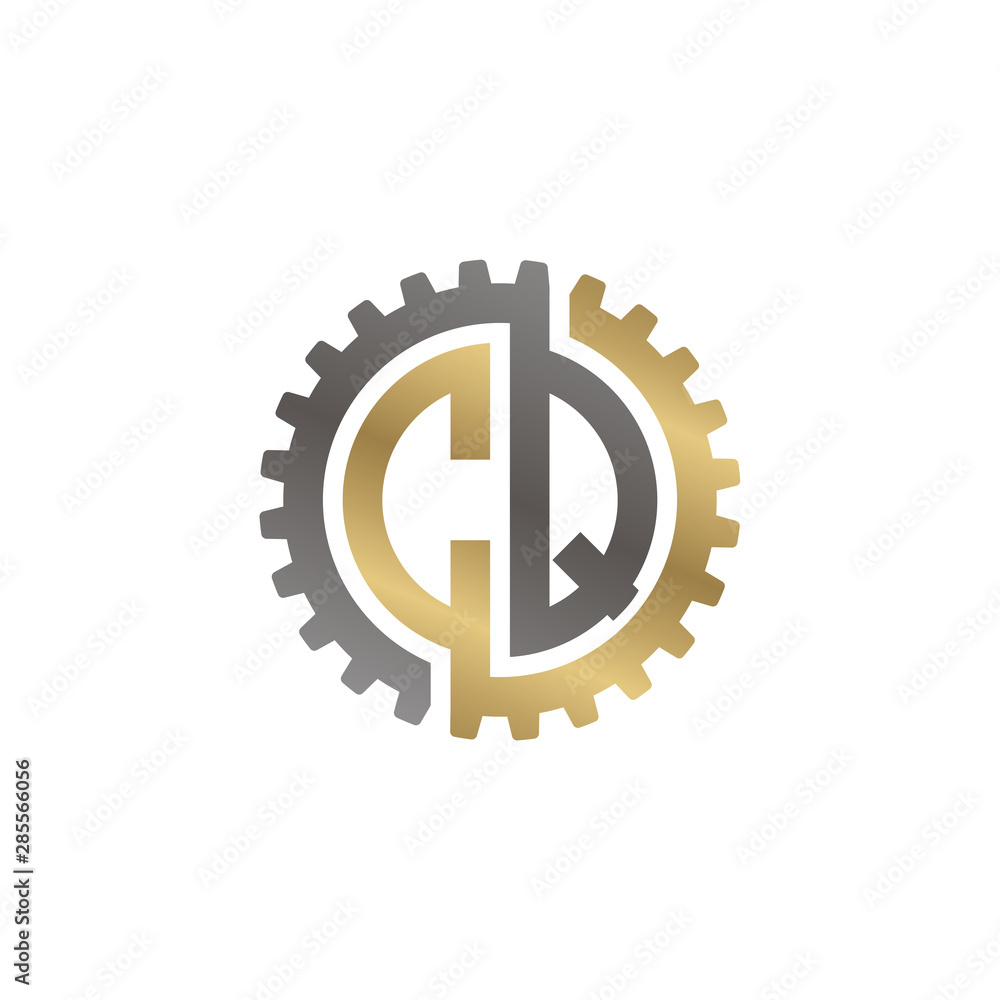 Initial letter C and Q, CQ, interlock cogwheel gear logo, black gold on white background Initial letter C and Q, CQ, interlock cogwheel gear logo, black gold on white background