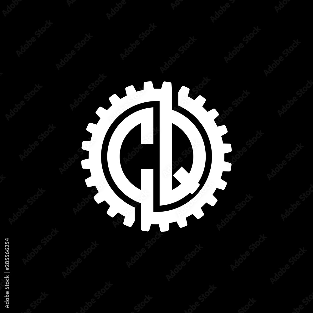 Initial letter C and Q, CQ, interlock cogwheel gear monogram logo, white color on black background Initial letter C and Q, CQ, interlock cogwheel gear monogram logo, white color on black background