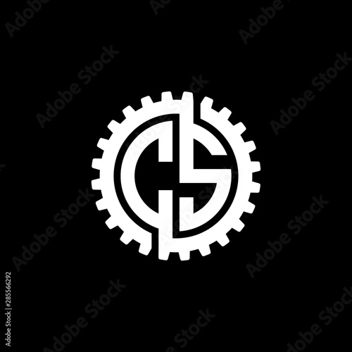 Initial letter C and S, CS, interlock cogwheel gear monogram logo, white color on black background