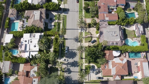 Flying above Beverly Hills road with palms in California, United States of America