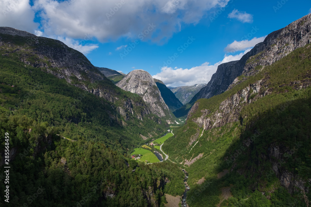 Beautiful view on Naeroydalen Valley and Peaks On Stalheim, Voss Norway. July 2019
