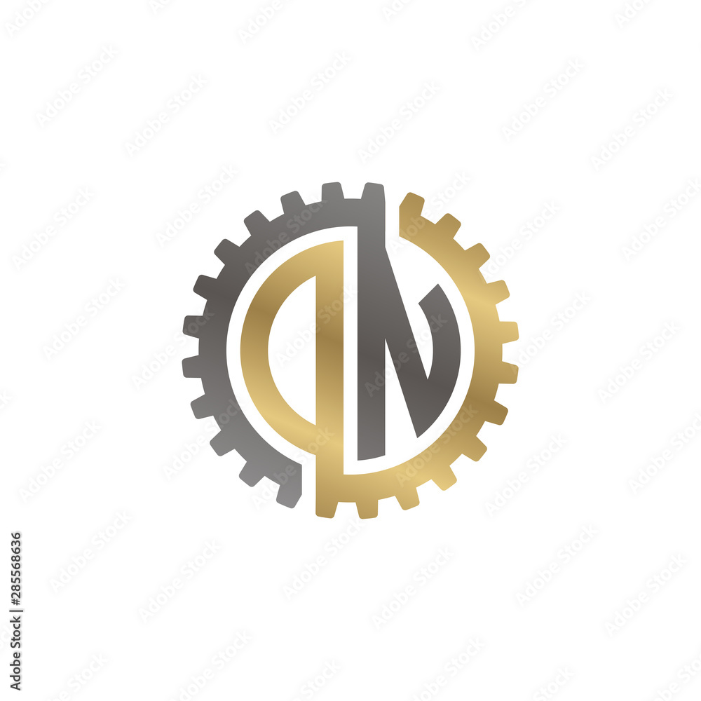 Initial letter D and N, O and N, DN, ON, interlock cogwheel gear logo, black gold on white background Initial letter D and N, O and N, DN, ON, interlock cogwheel gear logo, black gold on white background