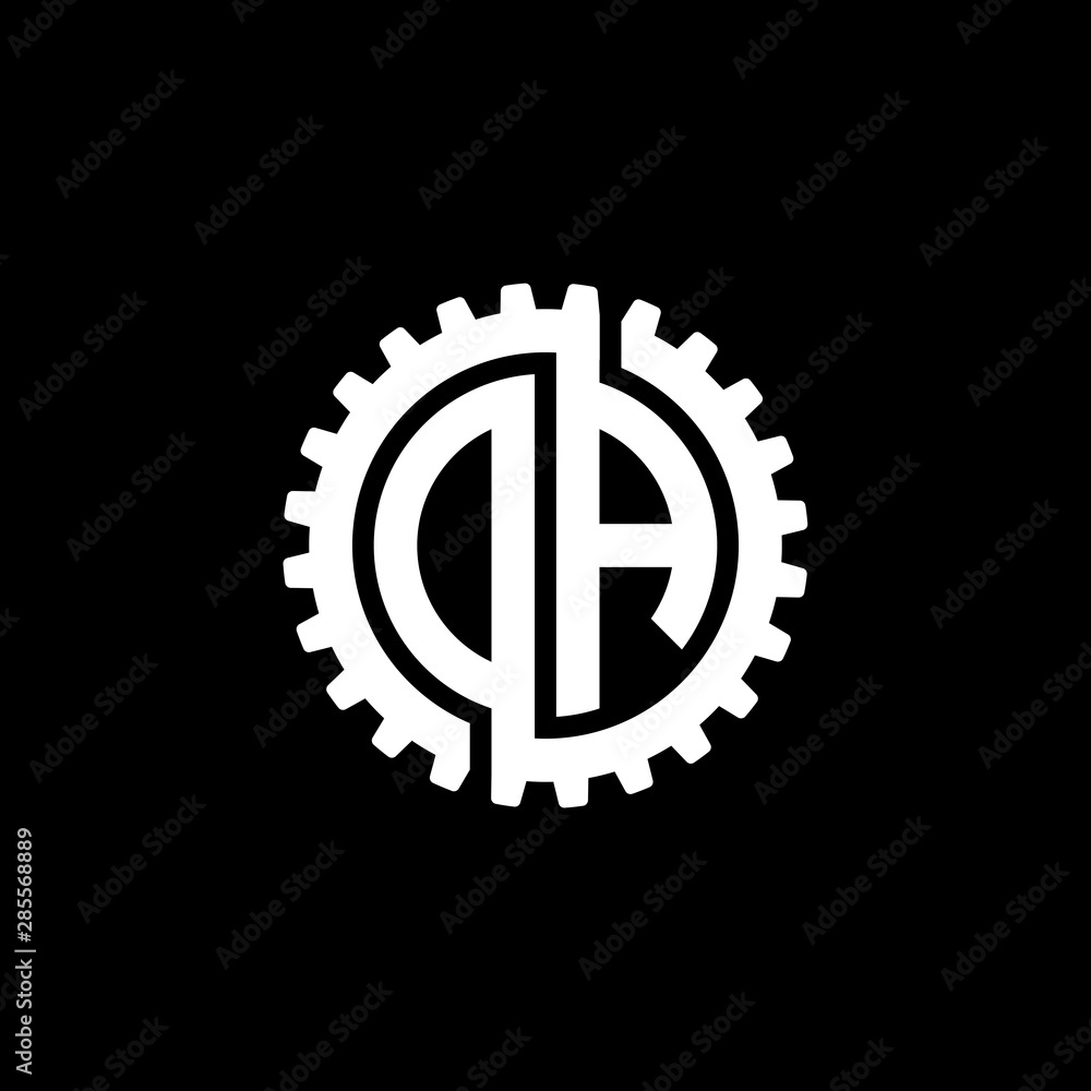 Initial letter D and A, O and A, DA, OA, interlock cogwheel gear monogram logo, white color on black background Initial letter D and A, O and A, DA, OA, interlock cogwheel gear monogram logo, white color on black background