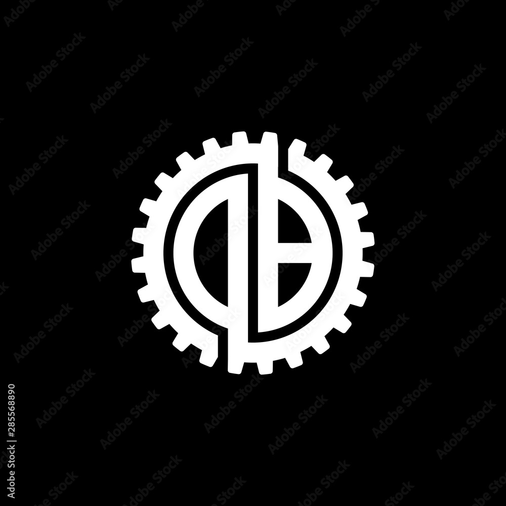 Initial letter D and B, O and B, DB, OB, interlock cogwheel gear monogram logo, white color on black background Initial letter D and B, O and B, DB, OB, interlock cogwheel gear monogram logo, white color on black background