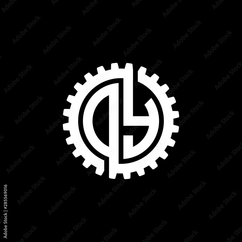 Initial letter D and Y, O and Y, DY, OY, interlock cogwheel gear monogram logo, white color on black background Initial letter D and Y, O and Y, DY, OY, interlock cogwheel gear monogram logo, white color on black background